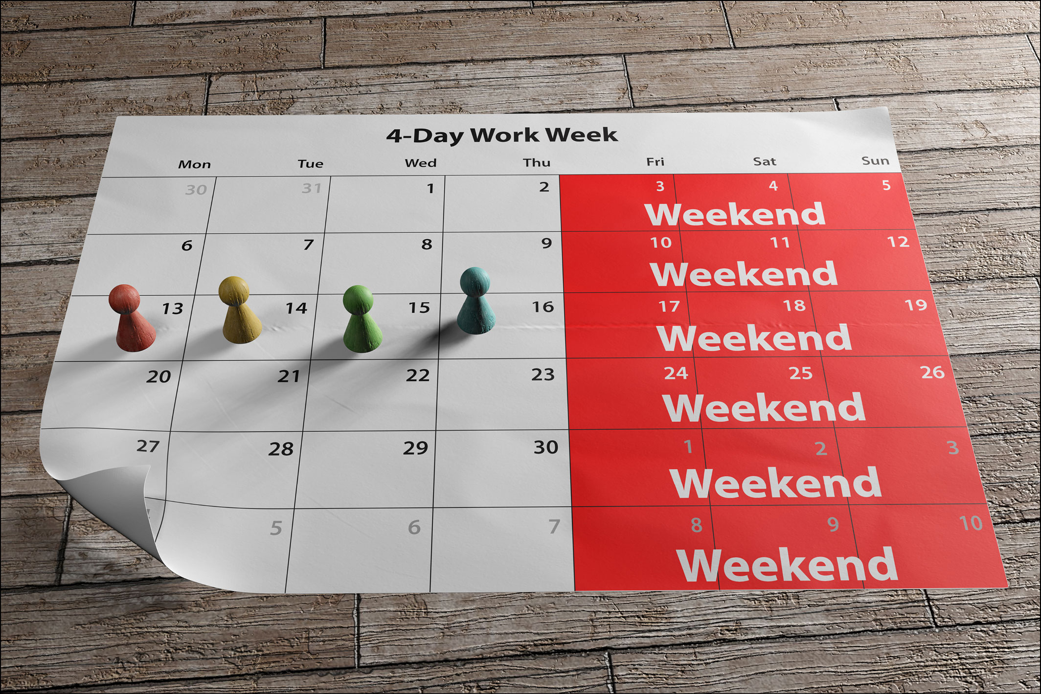 Hier sieht man einen Kalender, auf dem eine 4-Tage-Woche markiert ist. 